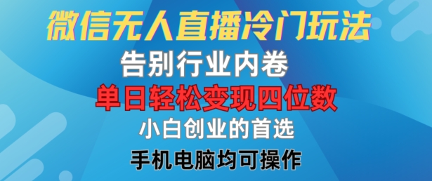 微信无人直播冷门玩法，告别行业内卷，单日轻松变现四位数，小白的创业首选-轻创淘金网