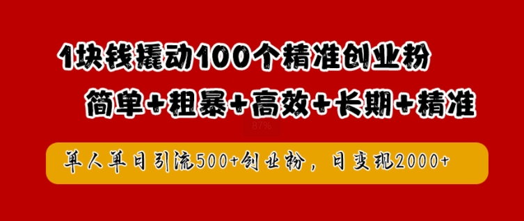 1块钱撬动100个精准创业粉，简单粗暴高效长期精准，单人单日引流500+创业粉，日变现2k【揭秘】-轻创淘金网