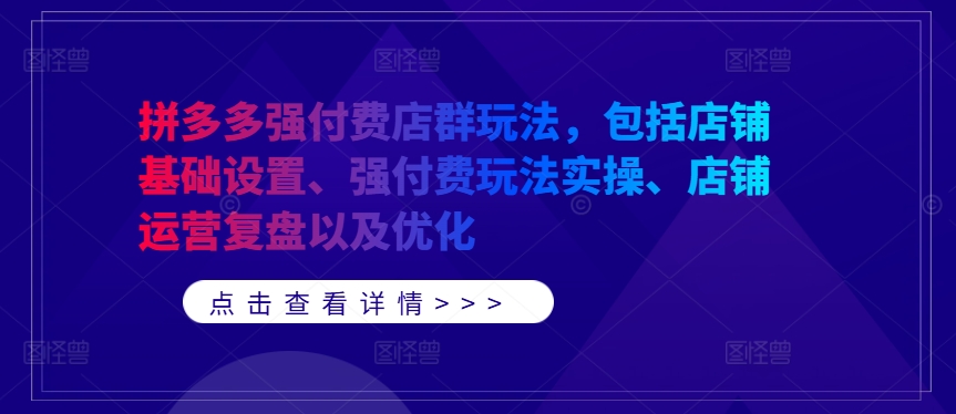 拼多多强付费店群玩法，包括店铺基础设置、强付费玩法实操、店铺运营复盘以及优化-轻创淘金网